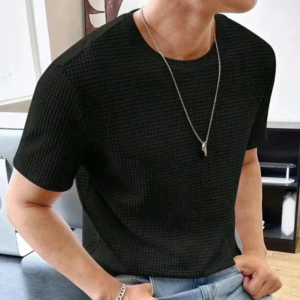Black Preppy Mens Solid Waffle Knit Tee